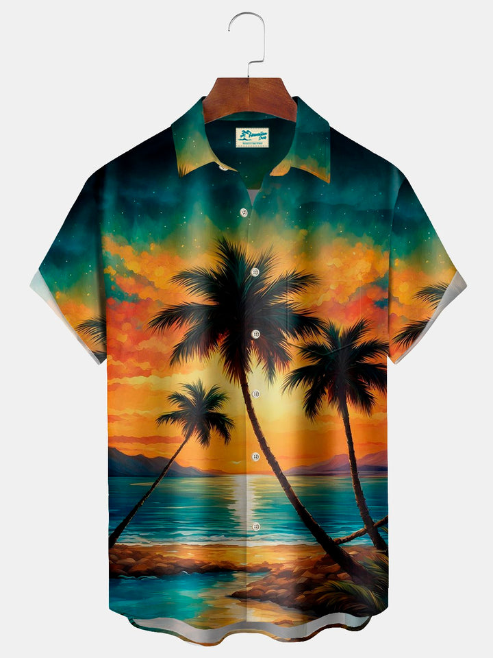 Chemise à manches courtes avec poche boutonnée pour homme Alohadaddy Hawaiian Coconut Tree Sunset Landscape 3D Digital Print Big &amp;amp; Tall