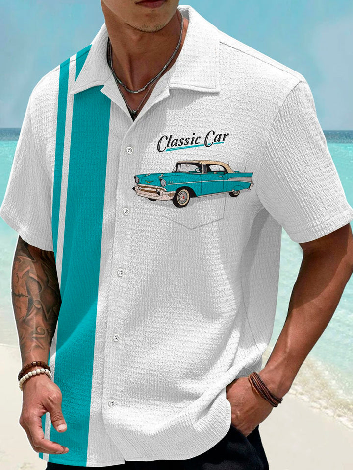 Camisa de manga corta con bolsillo abotonado y estampado digital 3D de coches clásicos retro para hombre de Alohadaddy, talla grande y alta