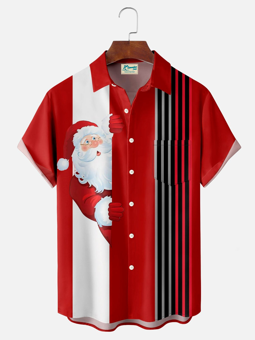 Camisa de manga corta con bolsillo y botones para hombre, con estampado digital 3D y gorro navideño de Papá Noel de Alohadaddy, estilo retro de bolos, talla grande y alta