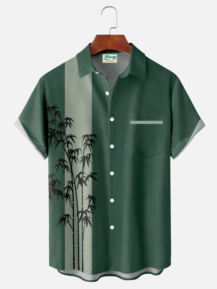 Camisa de manga corta con bolsillo abotonado para hombre con estampado de bolos de bambú vintage de Alohadaddy