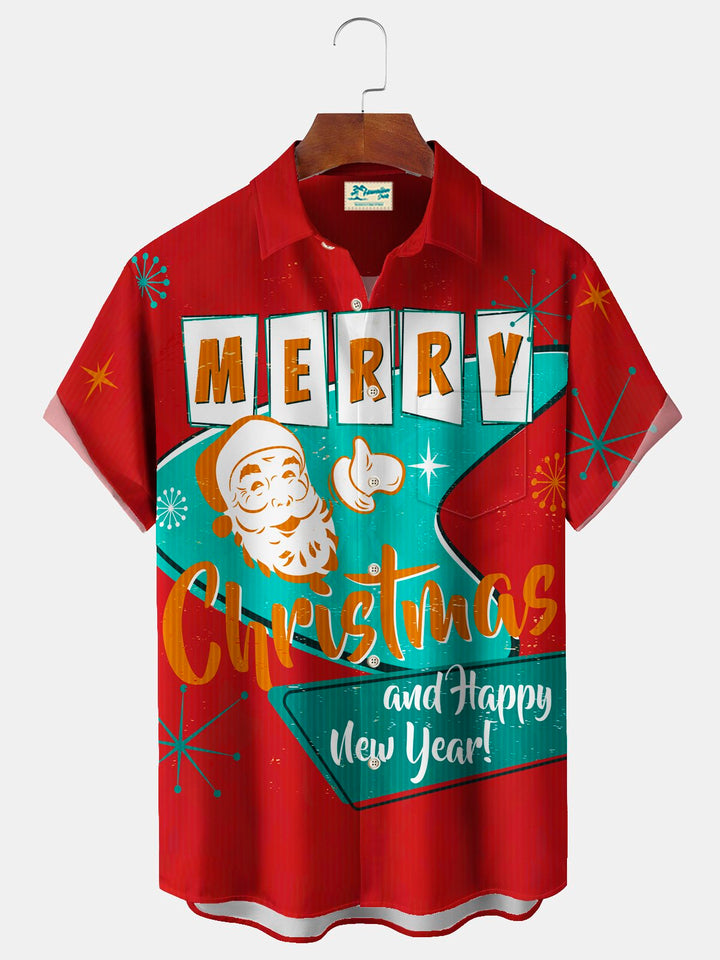 Chemises hawaïennes extensibles à imprimé géométrique Boomerang Joyeux Noël avec poche poitrine et motif Père Noël Alohadaddy