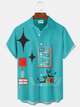 Alohadaddy® Retro 1950s Mid-century Atomic Age Cat Geometric Graphic Print Men's Button Pocket Short Sleeve Shirt Big & Tall