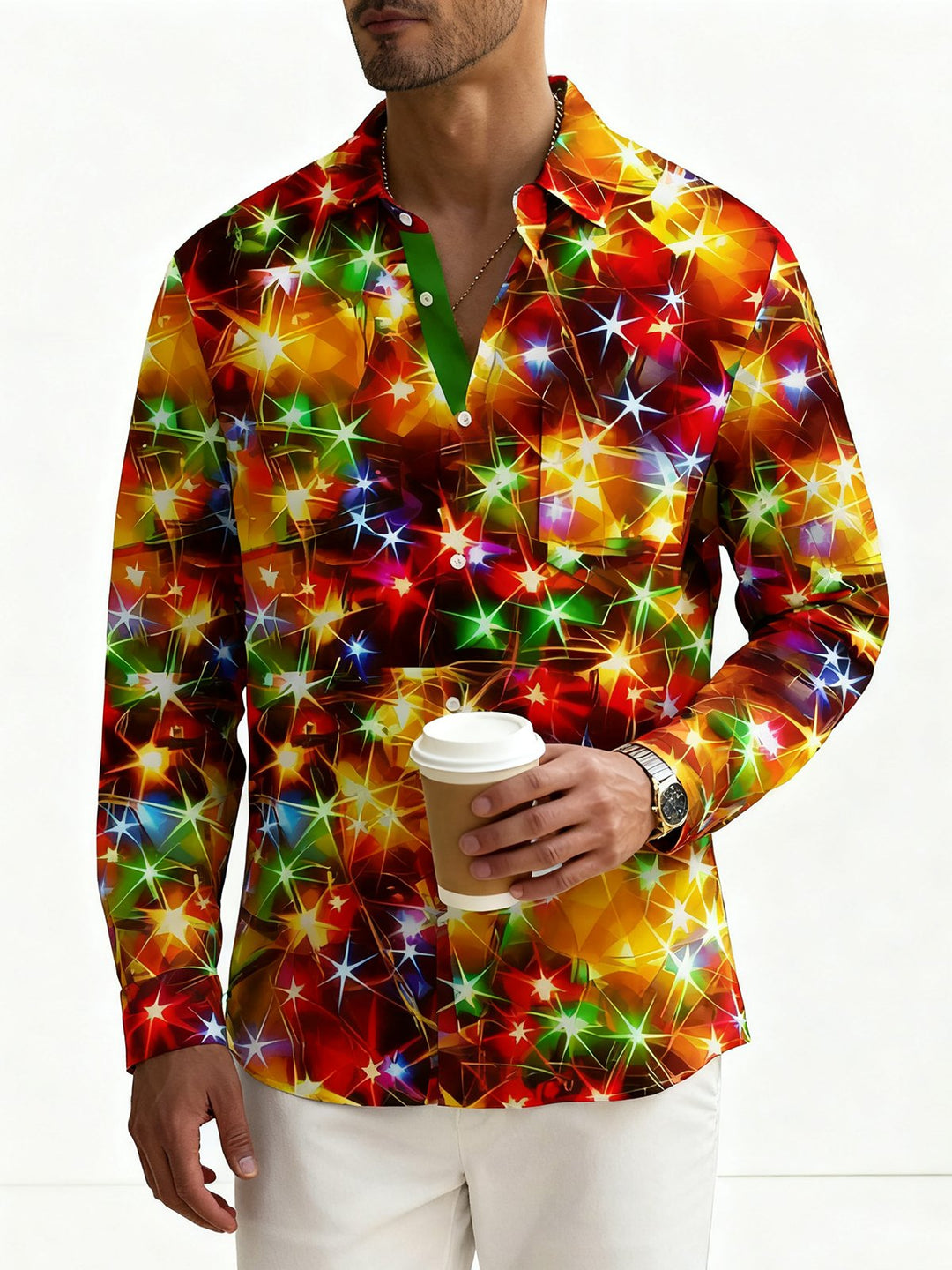 Camisas de manga larga para hombre de neón dorado y navideño de Alohadaddy, camisas elásticas de talla grande con botones para disfraces de teatro