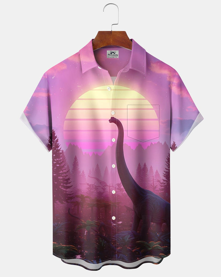 Alohadaddy® Retro Casual Dinosaur Sunset Landscape Print Men&