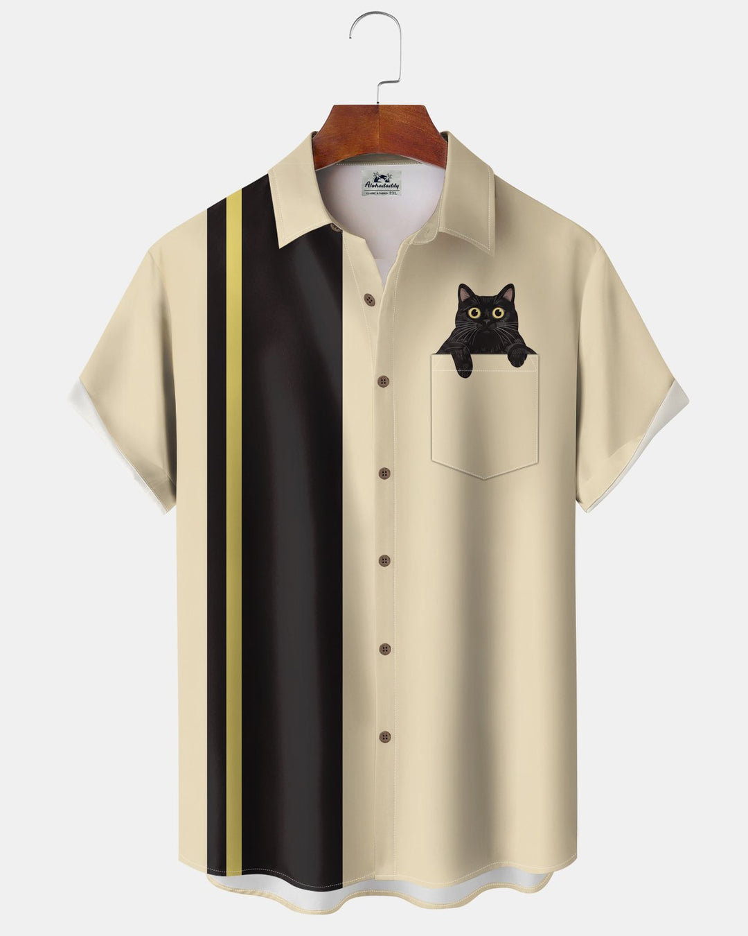 Alohadaddy® Retro Geometric Striped Cat Bowling Shirt Print Men&