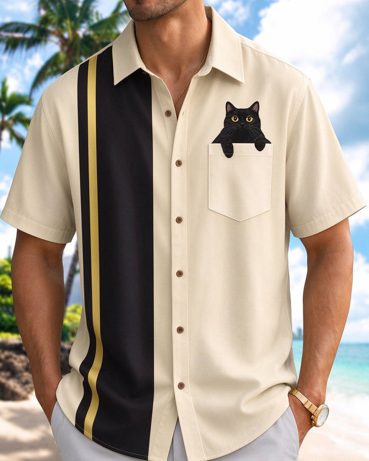 Alohadaddy® Retro Geometric Striped Cat Bowling Shirt Print Men&