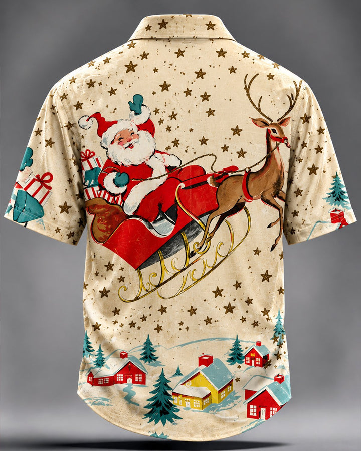Alohadaddy® Holiday Retro Christmas Santa Claus Reindeer Village Print Men&
