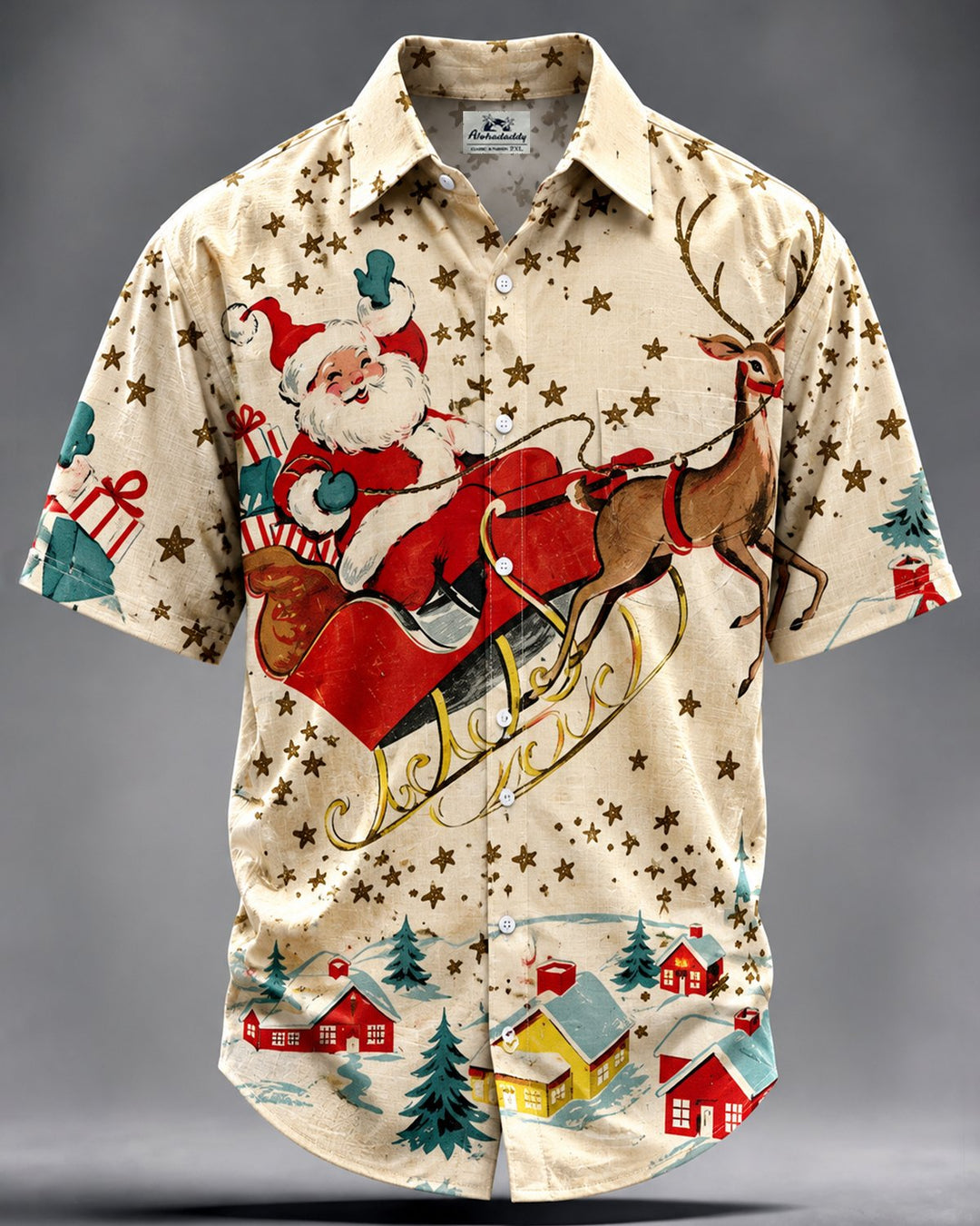 Alohadaddy® Holiday Retro Christmas Santa Claus Reindeer Village Print Men&