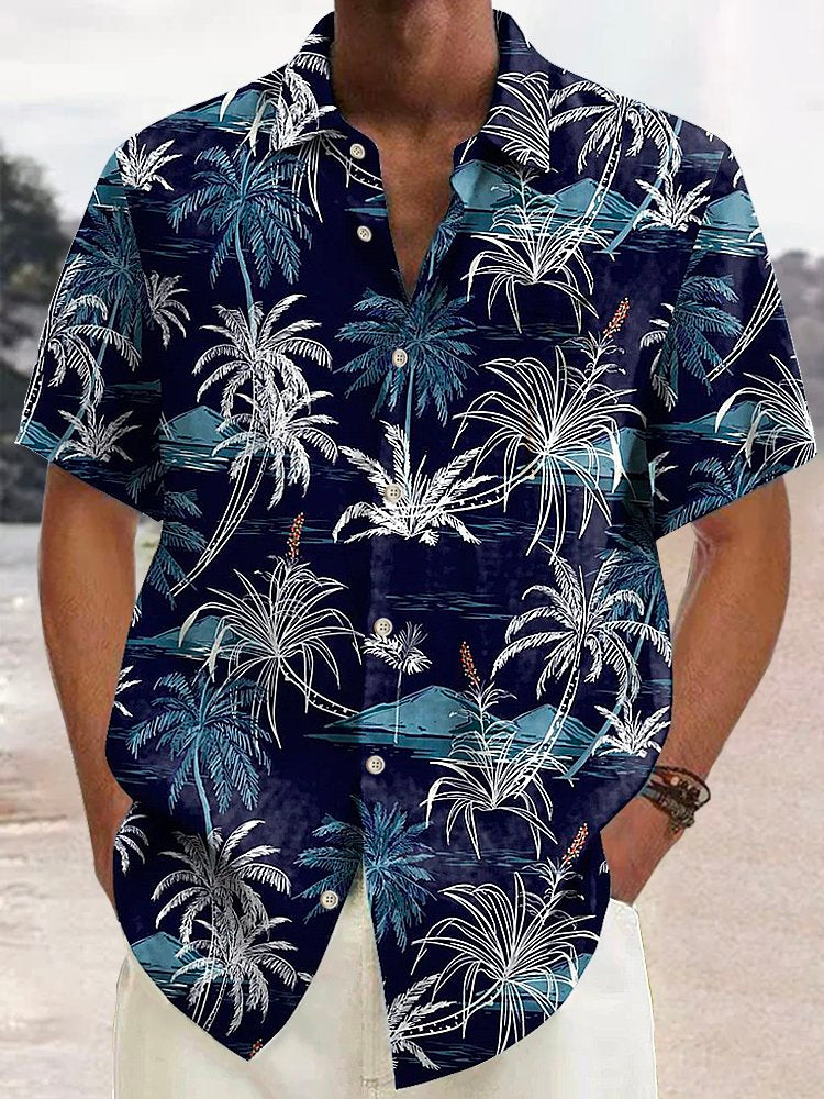 Alohadaddy Linen Hawaiian Coconut Tree Blue Print Chest Bag Shirt Plus Size Holiday Shirt