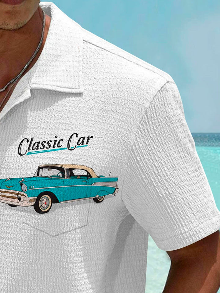Camisa de manga corta con bolsillo abotonado y estampado digital 3D de coches clásicos retro para hombre de Alohadaddy, talla grande y alta