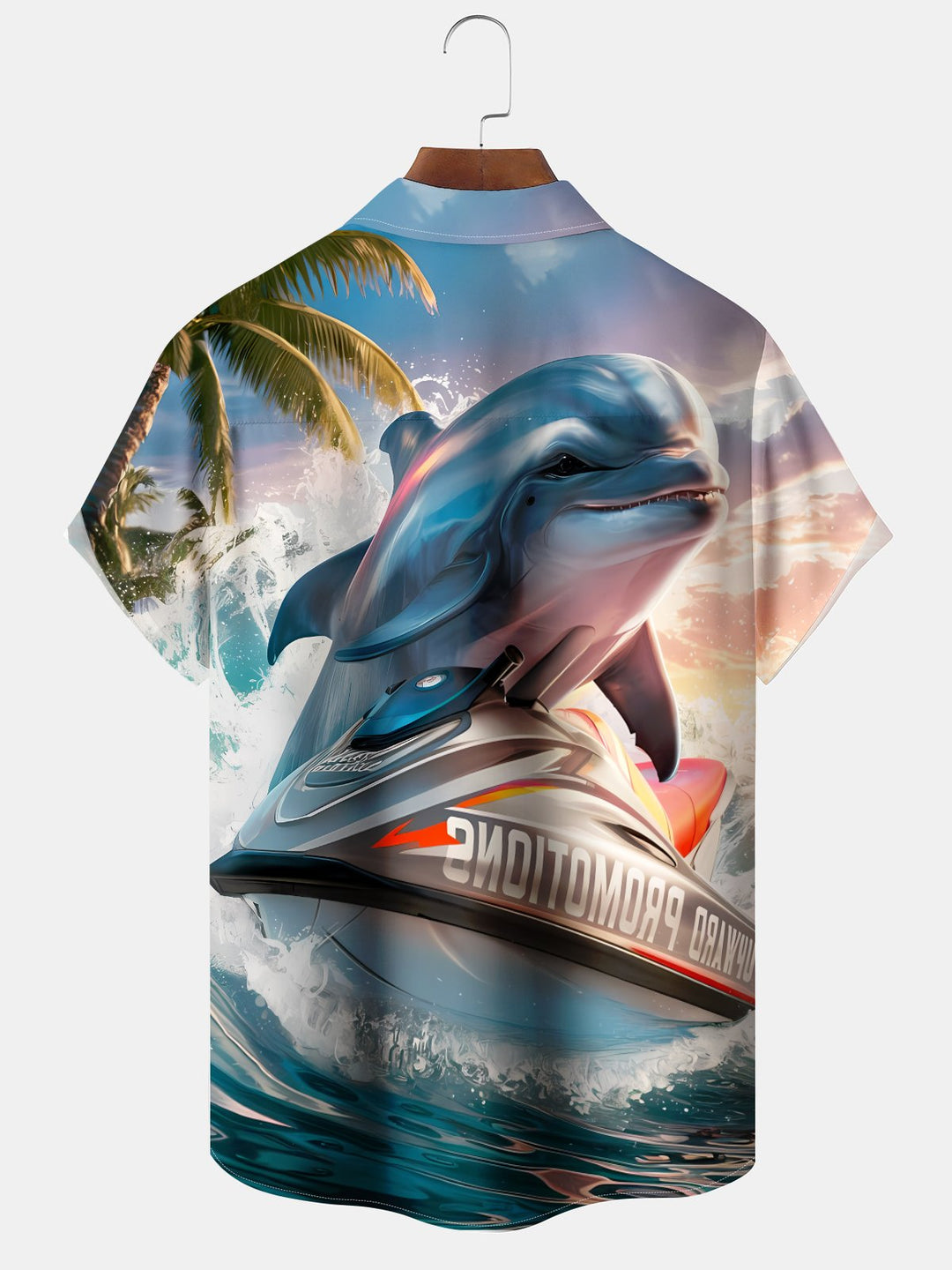 Alohadaddy Hawaii Vacation Dolphin Jet Ski Printed Art Pockets Buttons Short Sleeve Stretch Plus Size Men&
