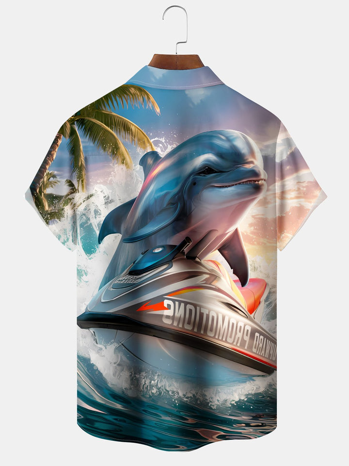 Alohadaddy Hawaii Vacation Dolphin Jet Ski Printed Art Pockets Buttons Short Sleeve Stretch Plus Size Men&