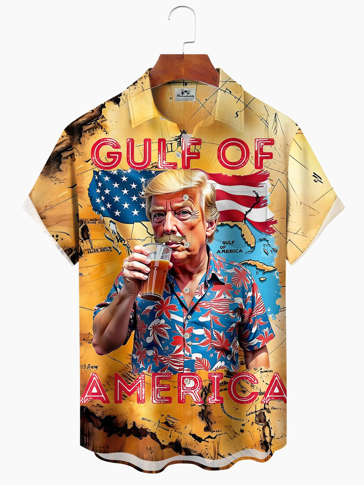 Alohadaddy Vintage Hawaiian Trump Print Art Pocket Button Stretch Oversized Shirt