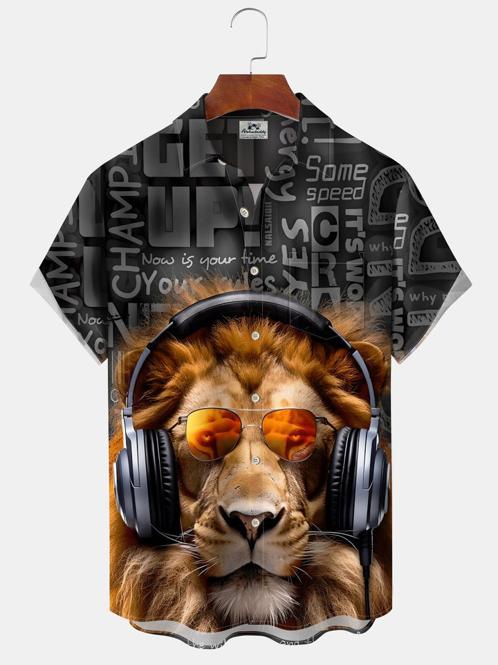 Alohadaddy Casual Letters Lion Print Art Pockets Buttons Elastic Large Size Shirt
