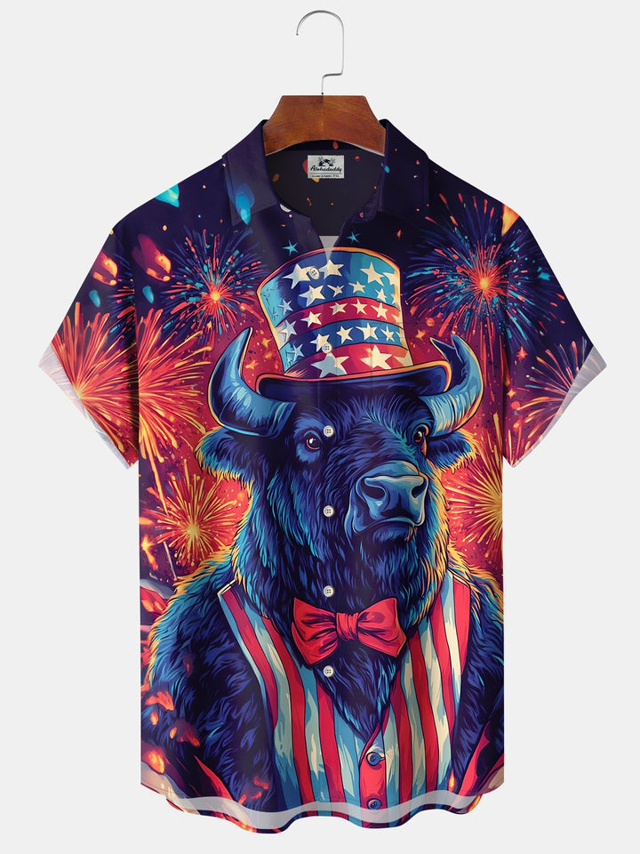 Alohadaddy Holiday Collection Independence Day Bull Button Cardigan Pocket Stretch Oversized Polyester Short Sleeve Shirt