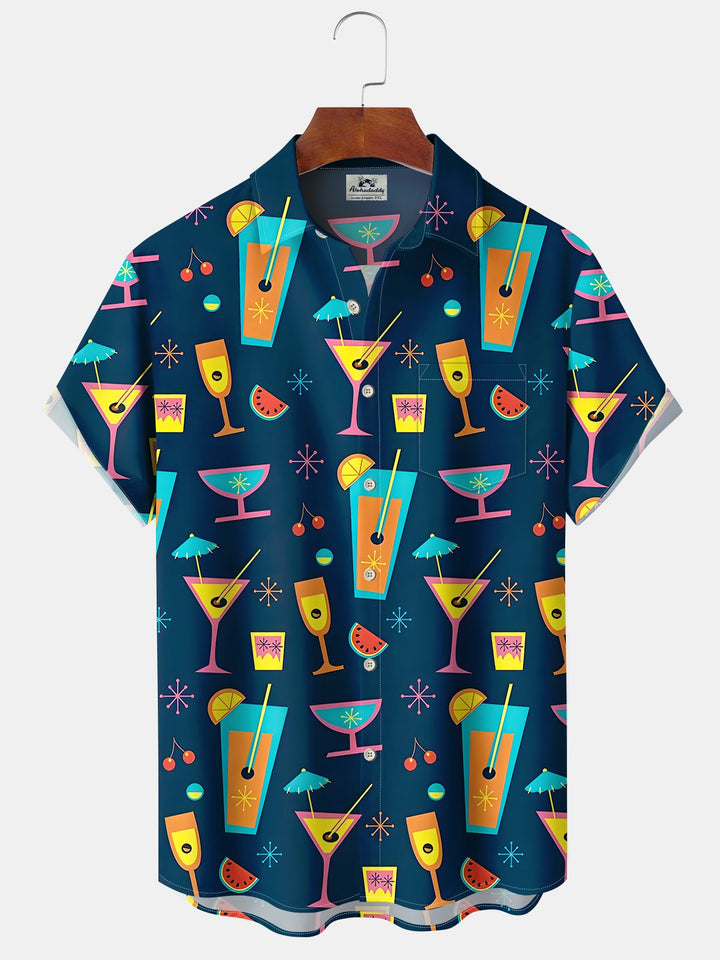 Alohadaddy Hawaiian Wine Glass Contrasting Color Print Art Buttons Cardigan Pockets Stretch Oversize Short Sleeve Shirt