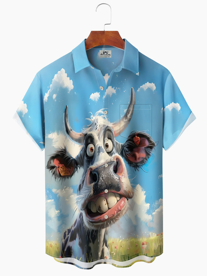 Alohadaddy Hawaiian Cow Print Art Button Cardigan Pockets Stretch Oversized Polyester Short Sleeve Shirt