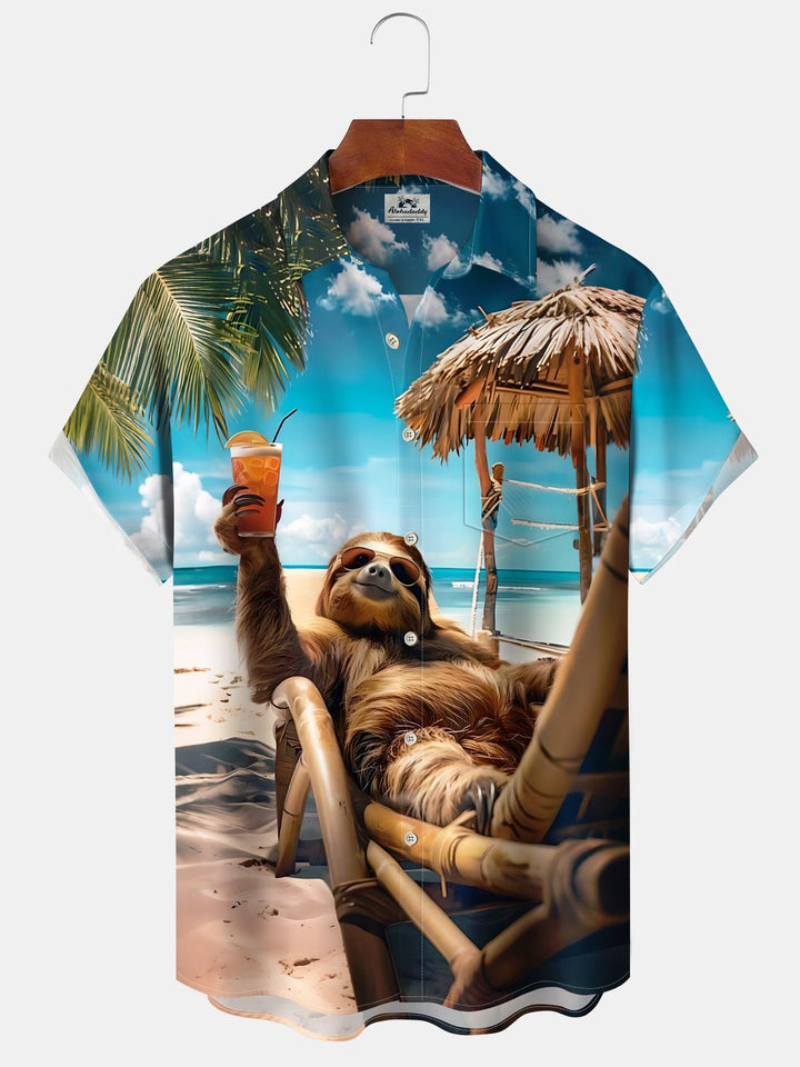 Alohadaddy Hawaiian Sloth Vacation Print Art Button Cardigan Pocket Stretch Large Size Long Short Sleeve Shirt