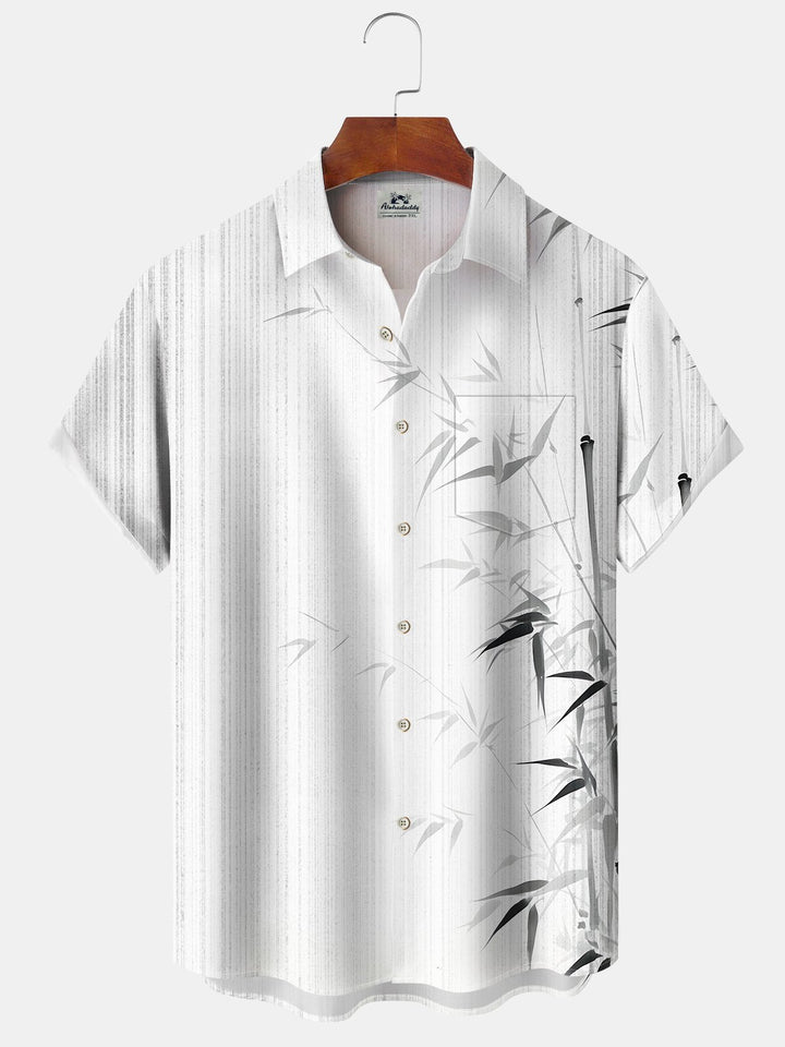 Alohadaddy Hawaiian Casual Bamboo Stripe Texture Painting Art Button Cardigan Pockets Large Size Long Polyester Short Sleeve Shirt