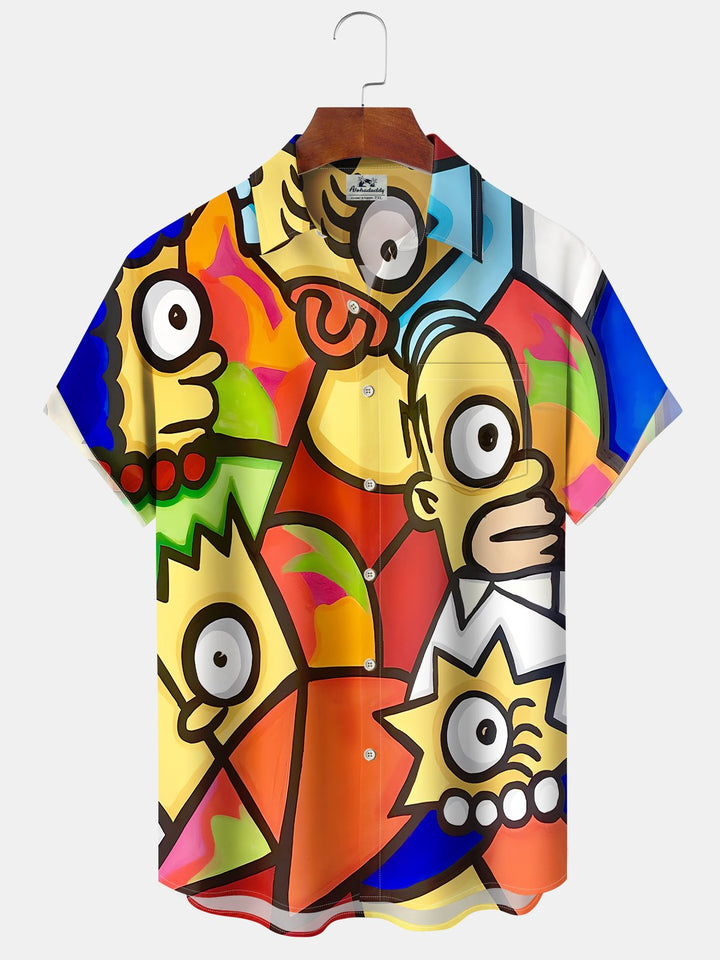 Alohadaddy Hawaiian Graffiti Cartoon Print Art Button Cardigan Pocket Elastic Large Size Short Sleeve Shirt