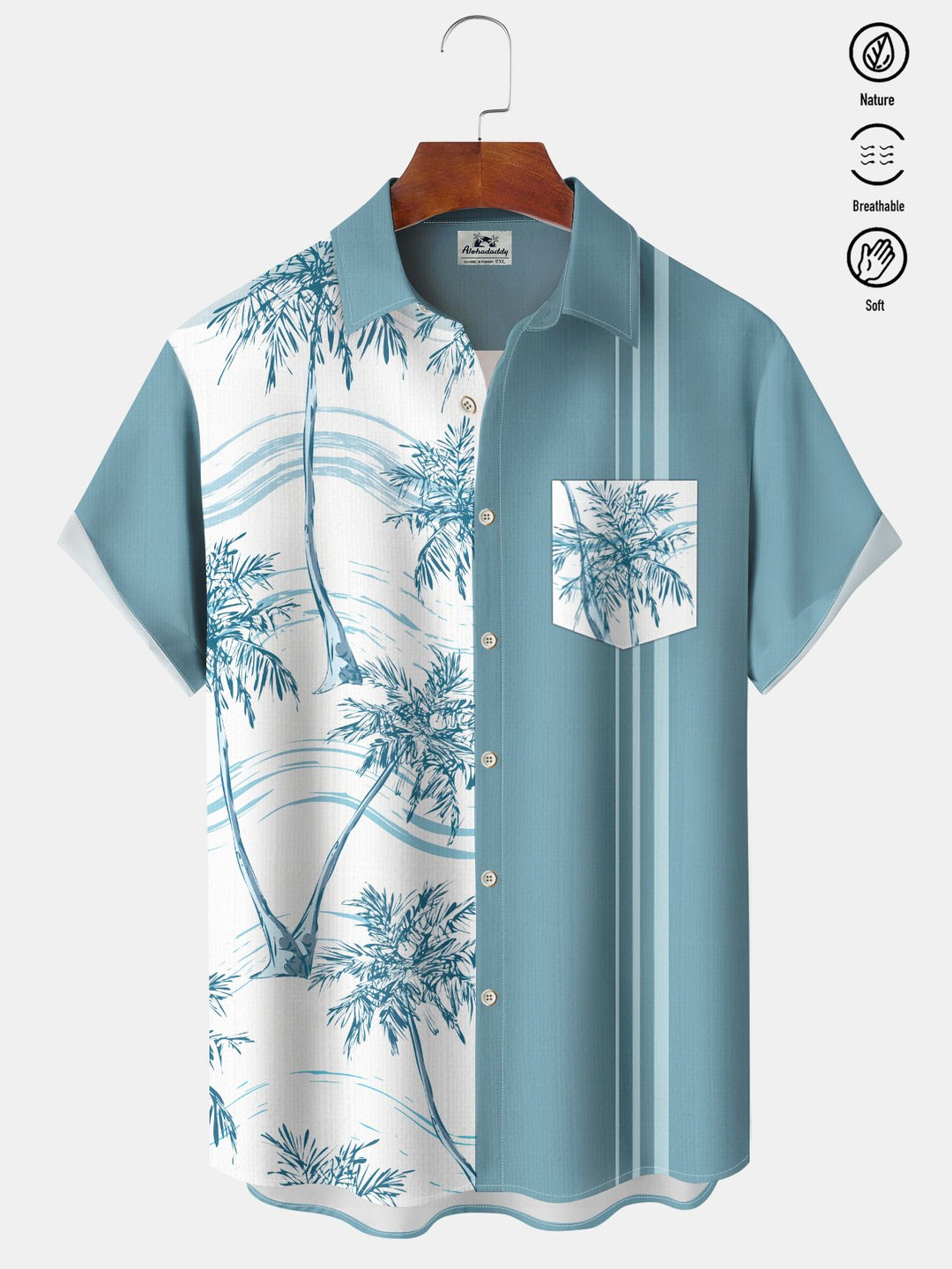 Alohadaddy Casual Collection Hawaiian Palm Tree Stripes Contrast Color Print Art Button Cardigan Pockets Breathable Stretch Long Oversized Shirt