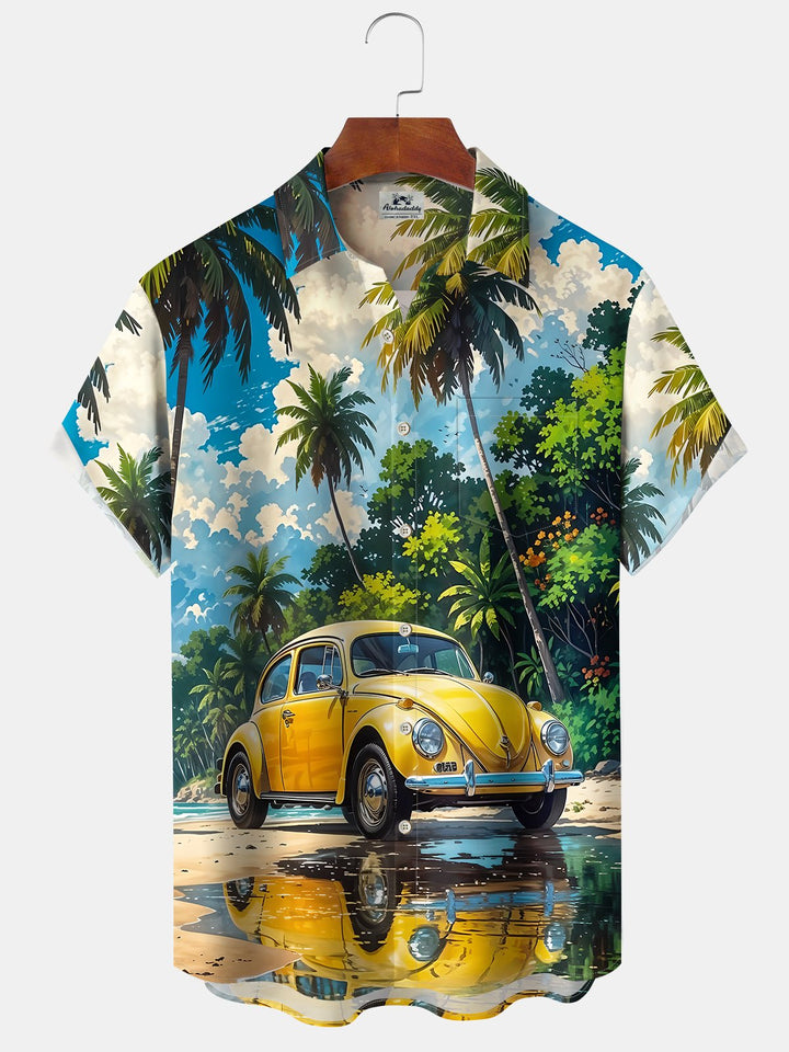 Alohadaddy Hawaii Casual Car Palm Trees Print Art Button Pocket Cardigan Stretch Large Size Short Sleeve Shirt