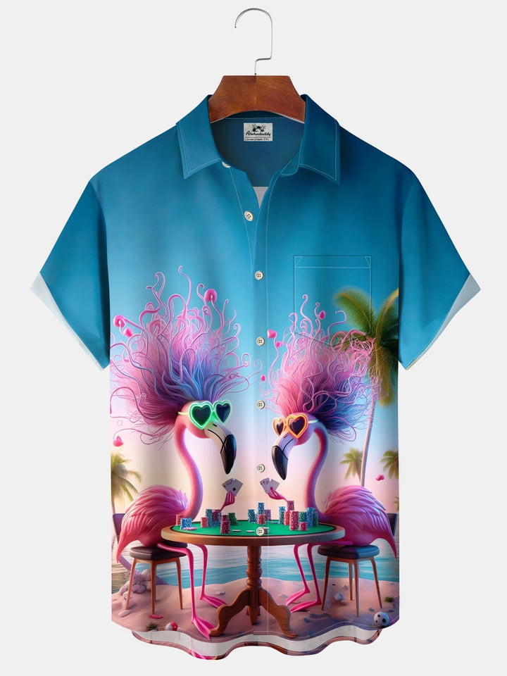 Alohadaddy Casual Collection Hawaiian Vacation Flamingo Print Art Button Cardigan Pockets Fresh Stretch Polyester Short Sleeve Shirt