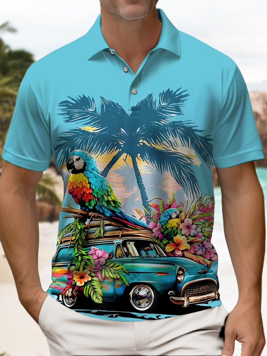 Alohadaddy Casual Everyday Hawaii Parrot Car Print Art Stretch Large Size Button Short Sleeve Polo Shirt