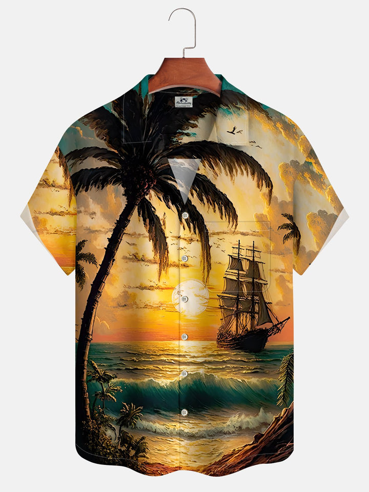 Alohadaddy Hawaiian Vacation Beach Boat Print Art Button Cardigan Pocket Polyester Stretch Cuban Collar Large Size Long Short Sleeve Shirt