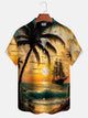 Alohadaddy Hawaiian Vacation Beach Boat Print Art Button Cardigan Pocket Polyester Stretch Cuban Collar Large Size Long Short Sleeve Shirt