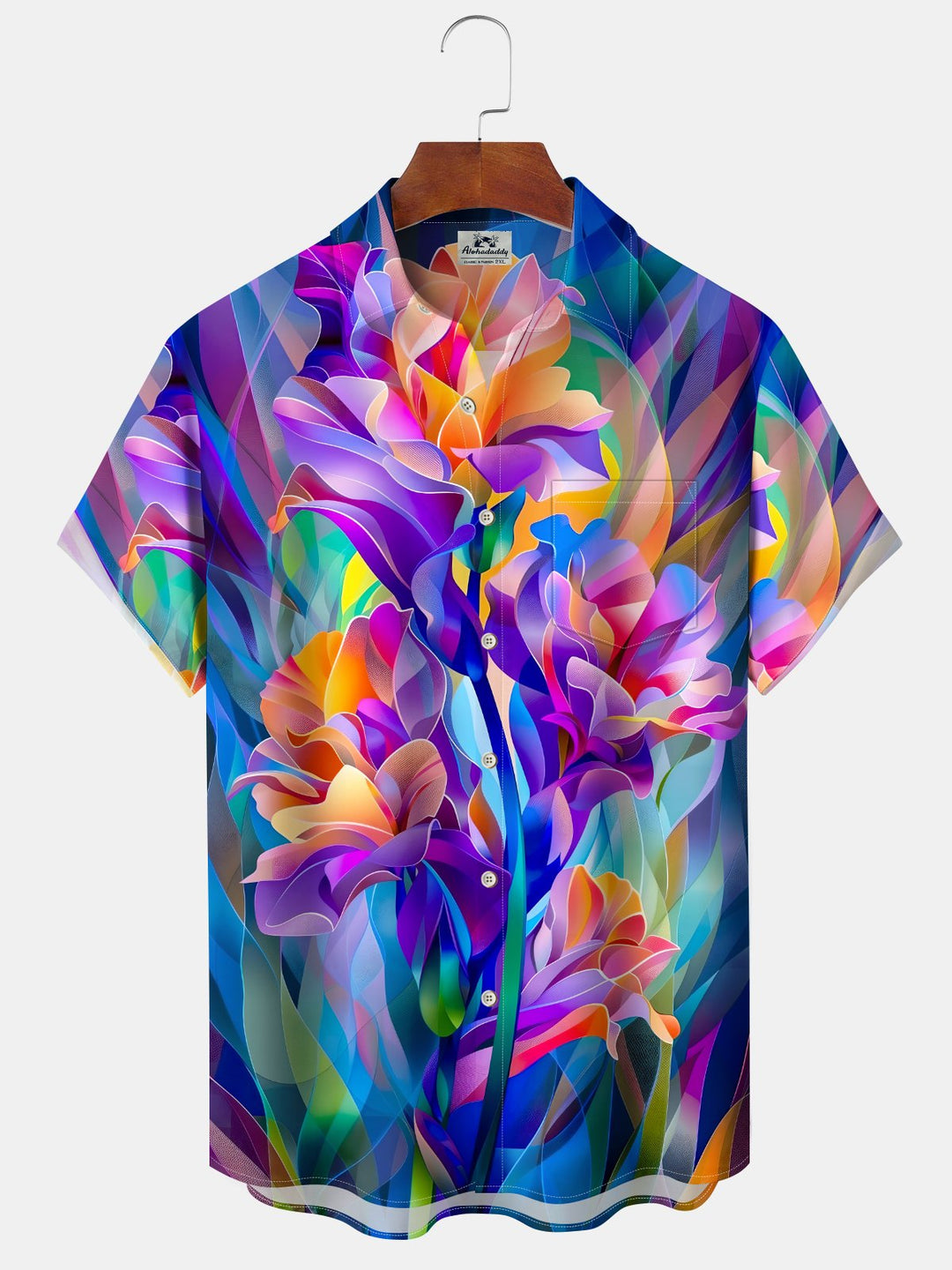 Alohadaddy Casual Everyday Hawaiian Geometric Flowers Blocked Art Print Polyester Pocket Cardigan Stretch Long Oversized Short Sleeve Shirt