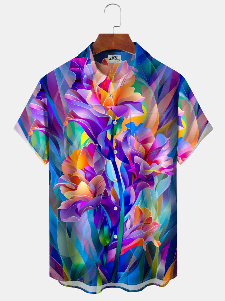 Alohadaddy Casual Everyday Hawaiian Geometric Flowers Blocked Art Print Polyester Pocket Cardigan Stretch Long Oversized Short Sleeve Shirt