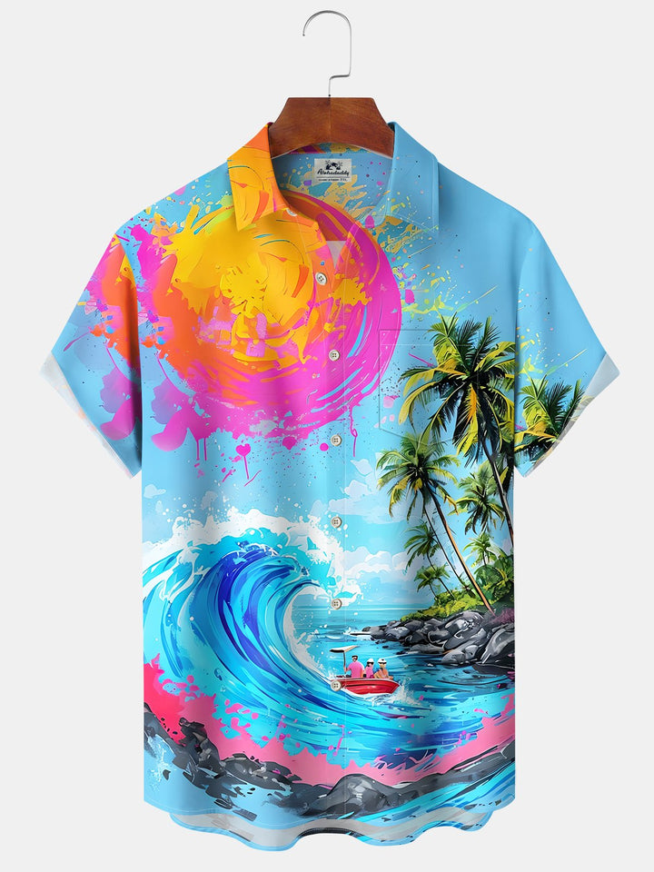 Alohadaddy® Casual Beach Vacation Abstract Art Print Art Chest Pocket Large Size Long Hawaiian Men&