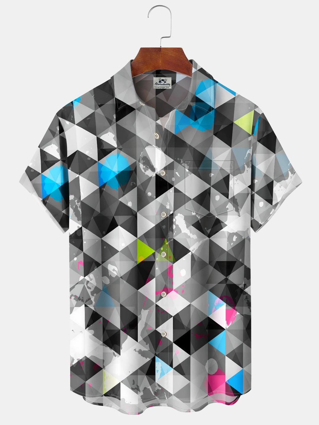 Alohadaddy® Geometric Triangle Art Print Moisture Wicking Chest Pocket Stretch Oversized Hawaiian Shirt