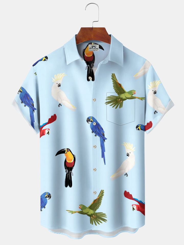Alohadaddy® Casual Parrot Art Print Pockets Moisture Wicking Oversized Stretch Hawaiian Shirt