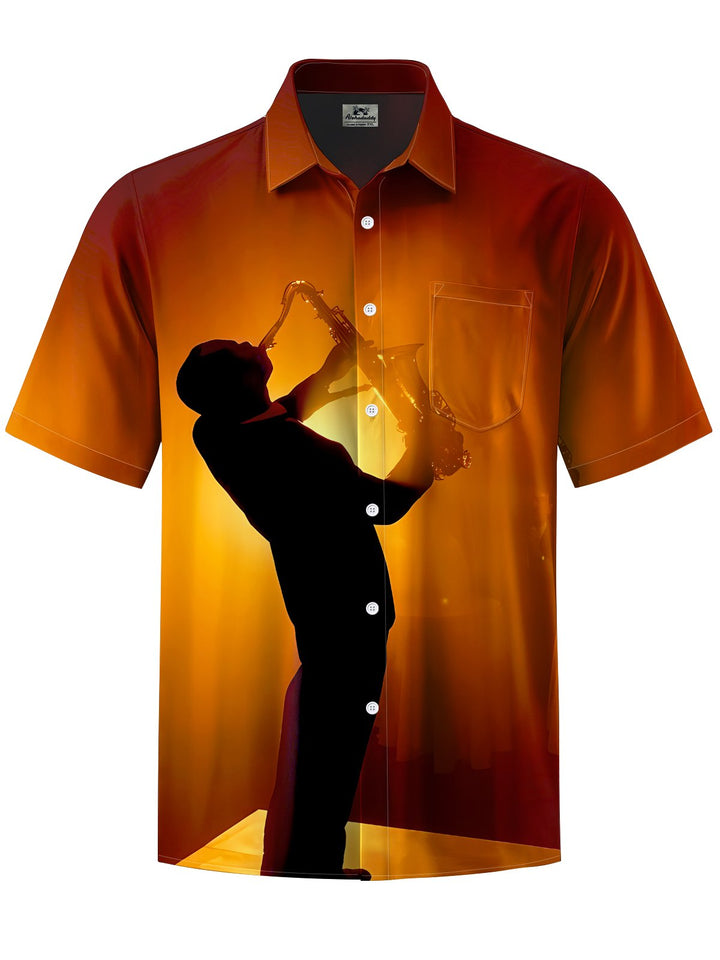 Alohadaddy® Casual Vintage Jazz Print Art Chest Pocket Men Short Sleeve Shirt Big &amp; Tall
