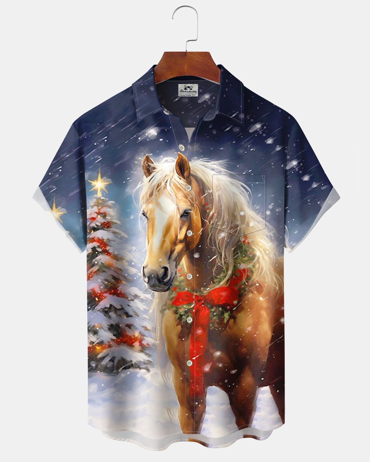 Alohadaddy® Christmas Horse Christmas Tree Print Pocket Elastic Buttons Men's Short Sleeve Shirt Big & Tall