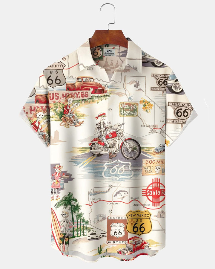 Alohadaddy® Retro Route 66 Skull Cartoon Print Art with Pockets and Buttons Men&