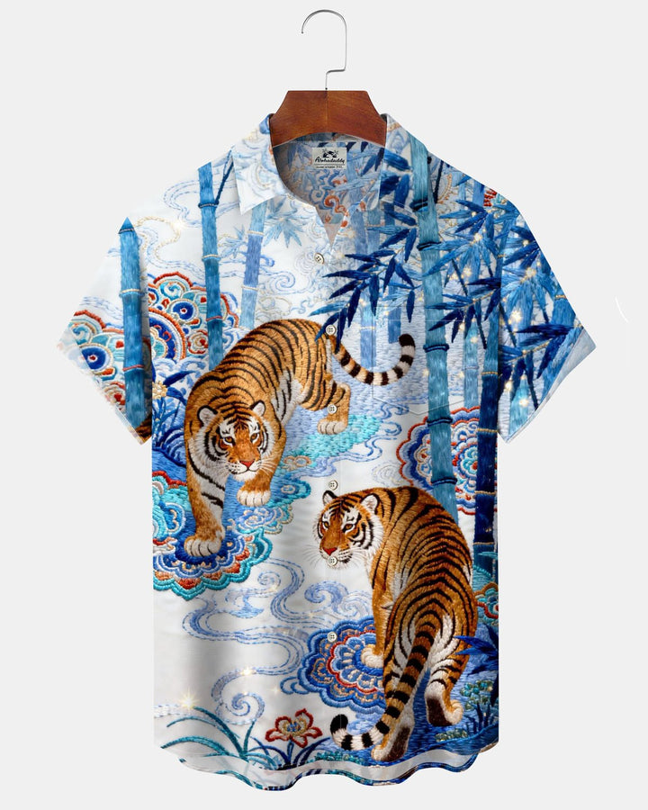Alohadaddy® Vintage Tiger Ukiyo-e Print Art Pocket Button Stretch Men&