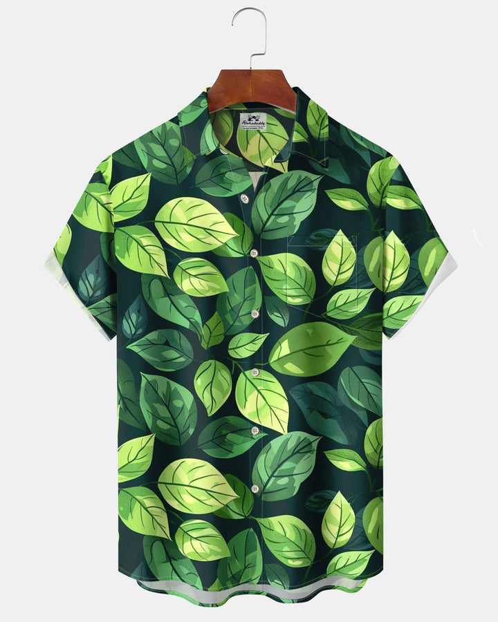 Alohadaddy® Hawaiian Leaf Print Art Button-Down Pocket Men&