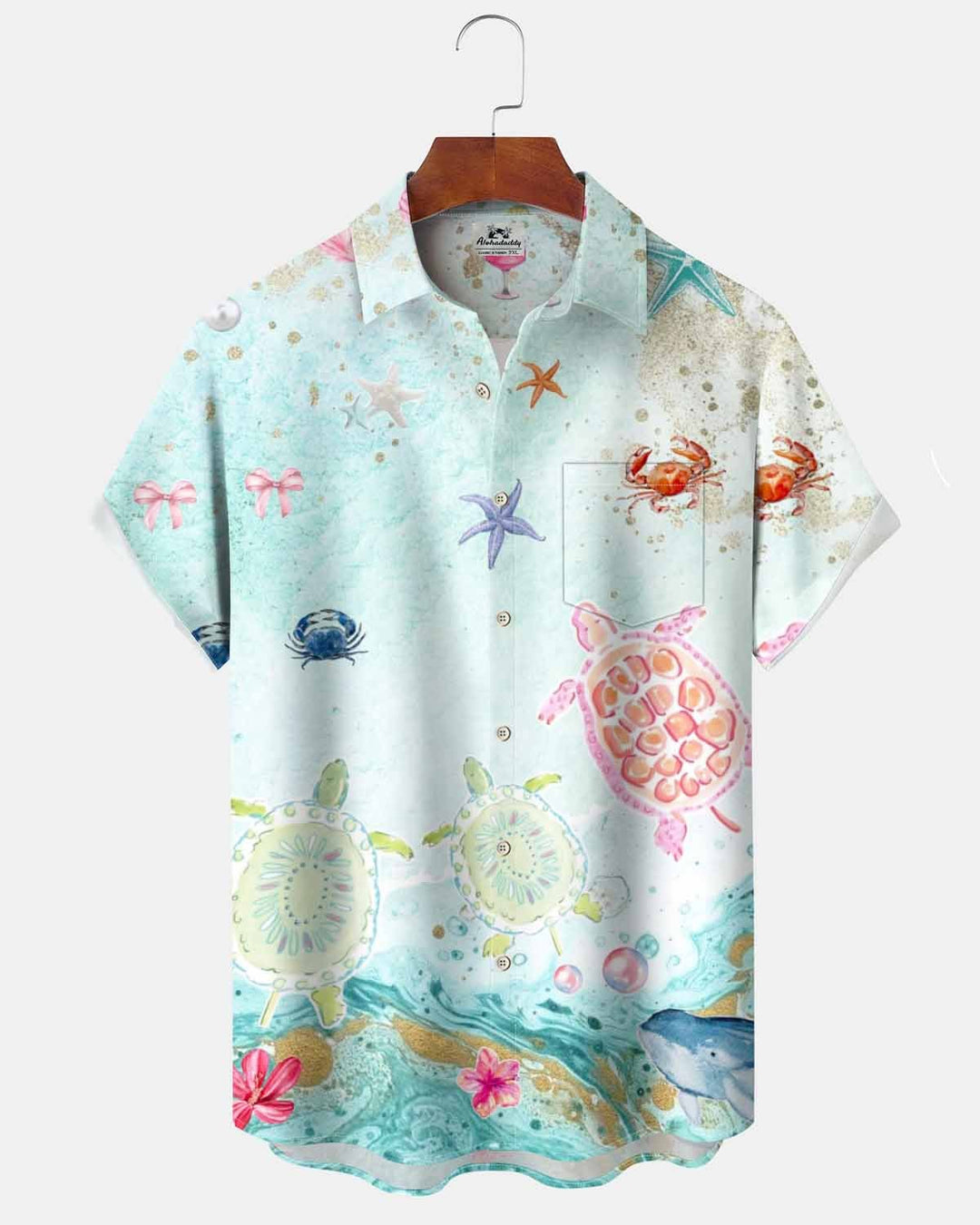 Alohadaddy® Hawaiian Turtle Print Art Pocket Button Cardigan Men&