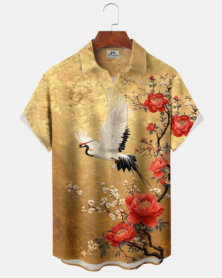Alohadaddy® Vintage Crane Print Art Button Pocket Cardigan Men&
