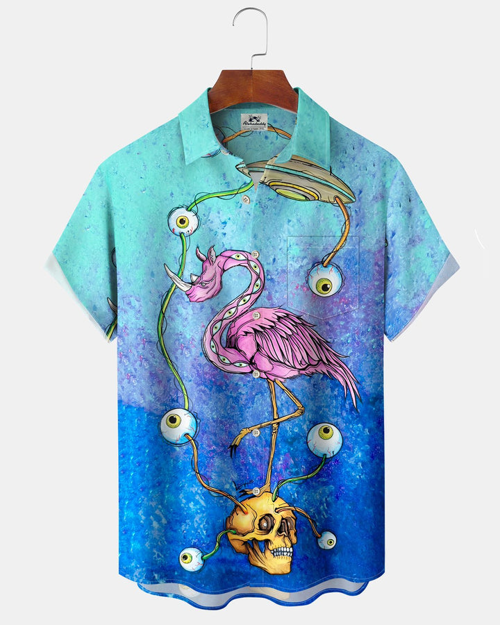 Alohadaddy® Hawaiian Flamingo Print Art Button Pocket Cardigan Men&