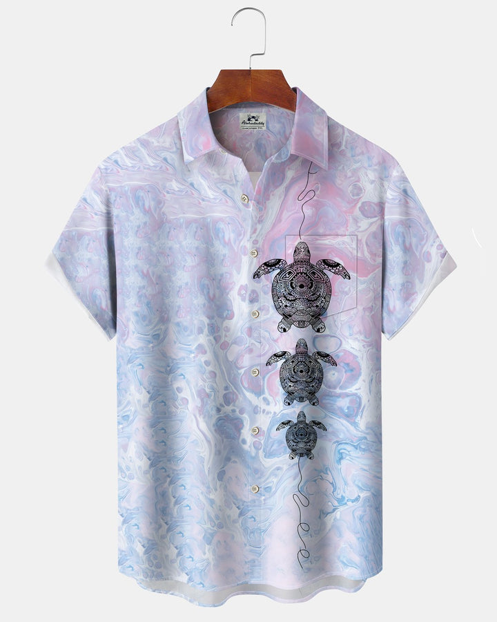 Alohadaddy® Hawaiian Turtle Print Art Button Pocket Cardigan Men&