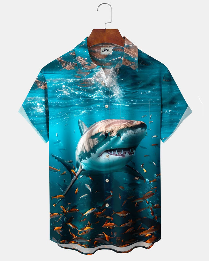 Alohadaddy® Hawaiian Shark Print Art Button Pocket Cardigan Men&