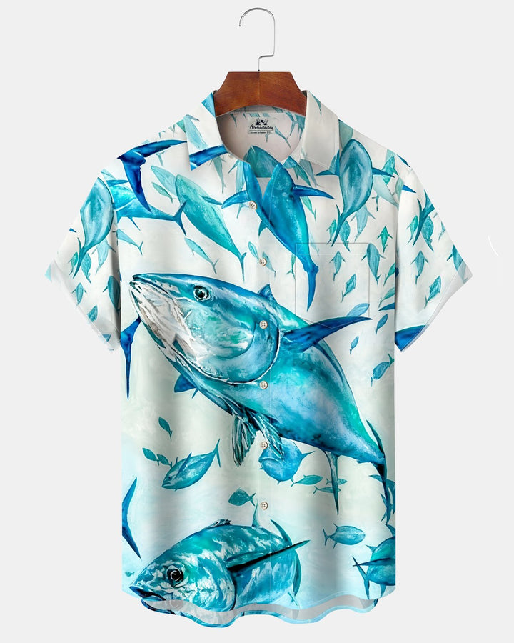Alohadaddy® Hawaiian Tuna Print Art Button Pocket Cardigan Men&