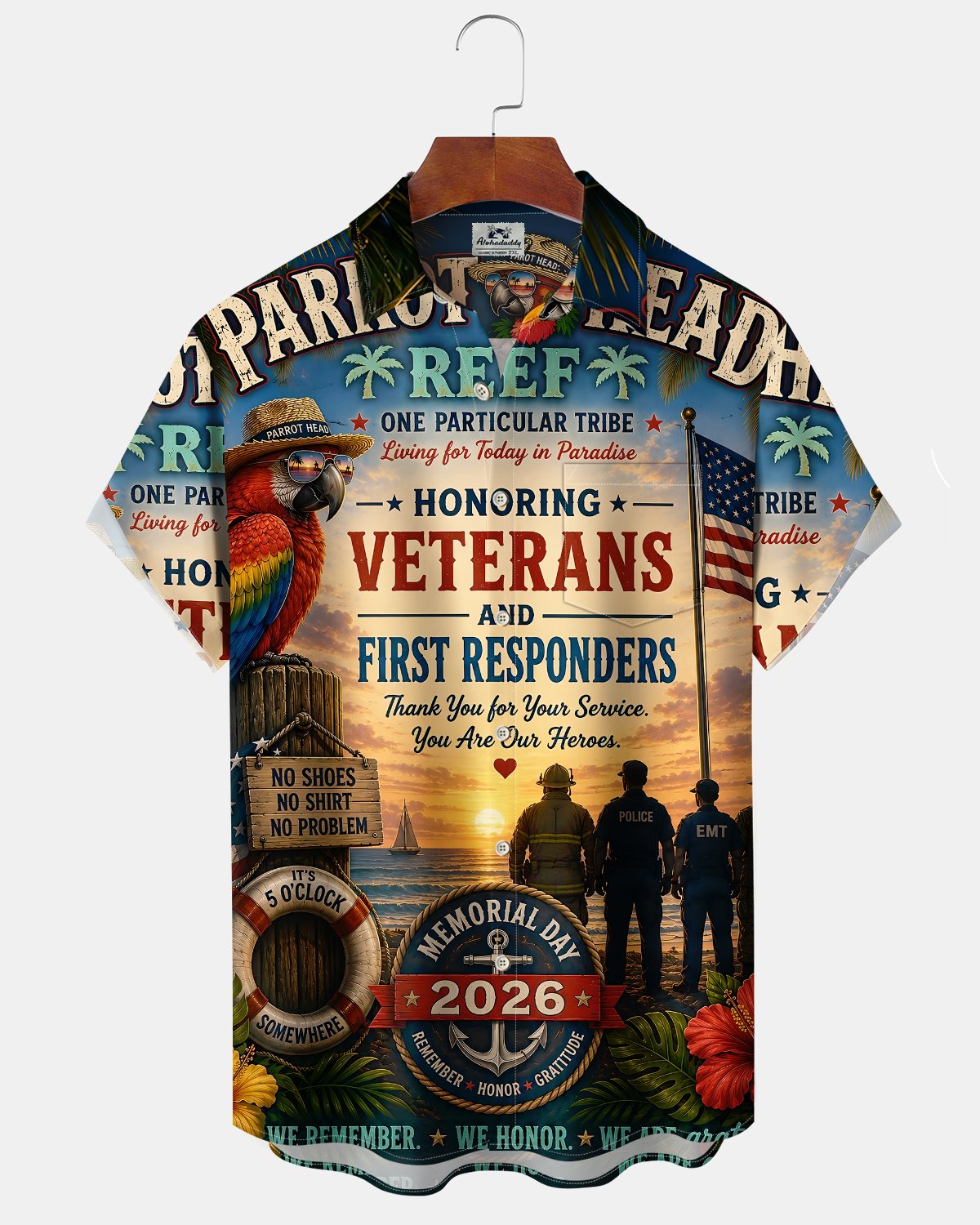 Alohadaddy® Vintage Flag Parrot Print Art Button Pocket Cardigan Men's Short Sleeve Shirt