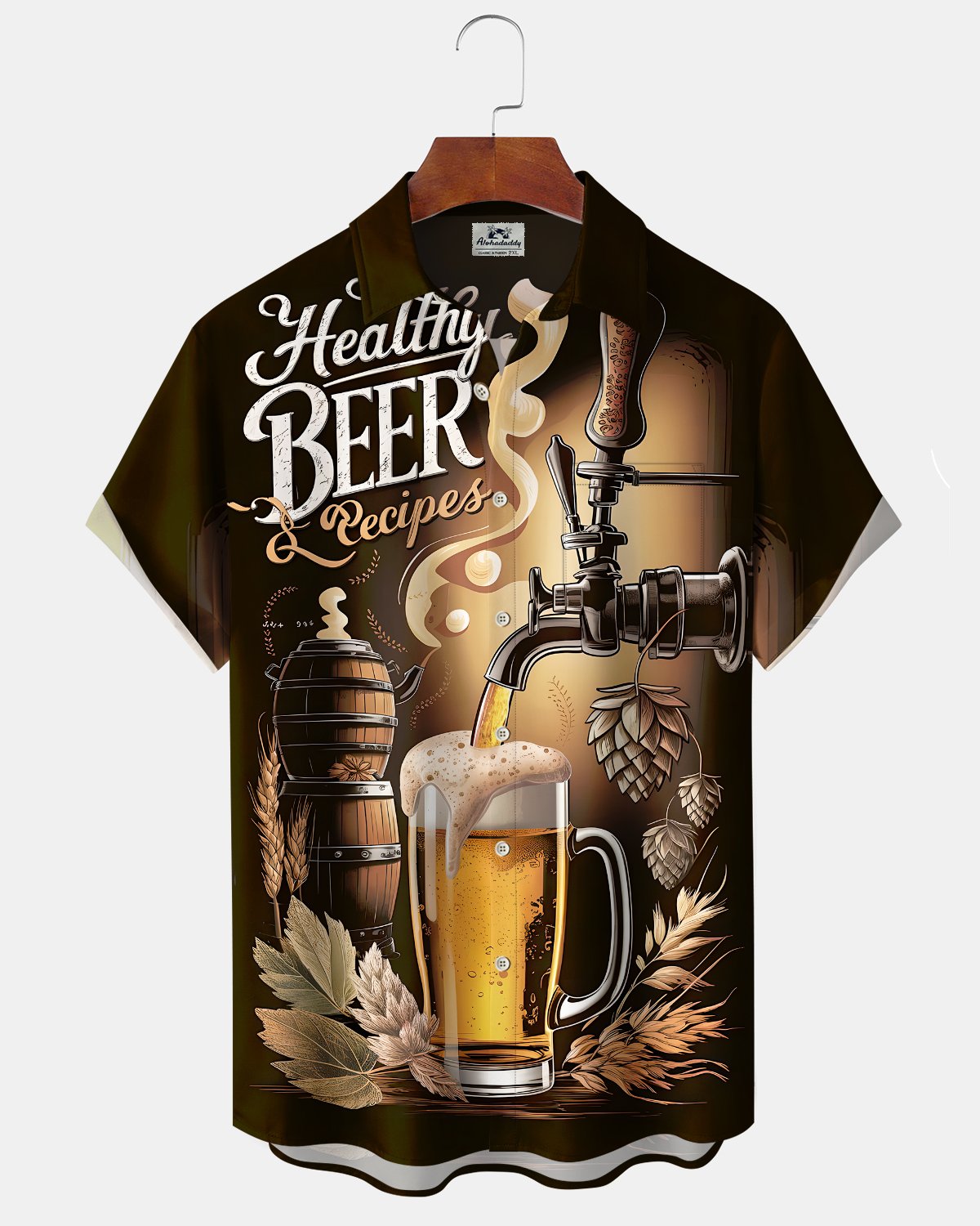 Alohadaddy® Men's Short-Sleeve Button-Down Shirt  Vintage Beer-Themed Graphic Print with Pocket
