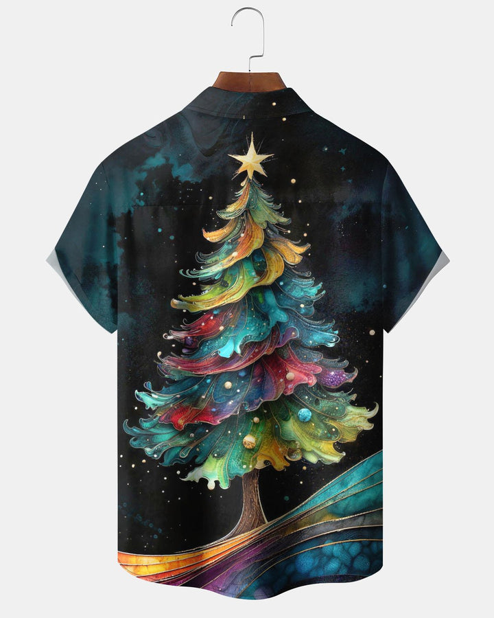 Alohadaddy® Holiday Christmas Tree Print Button-Front Short-Sleeve Cardigan Shirt with Pocket for Men