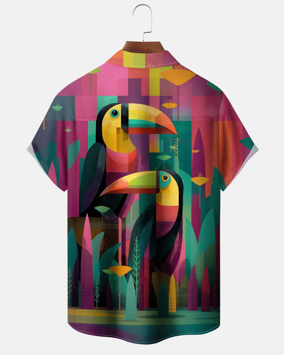 Alohadaddy® Men’s Short-Sleeve Button-Down Shirt  Vintage-Style Geometric Parrot Print with Pocket